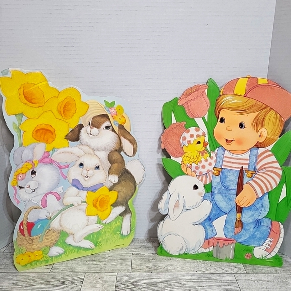2 Vintage EUREKA Fuzzy Flocked EASTER Die Cut Decorations Paper Bunny